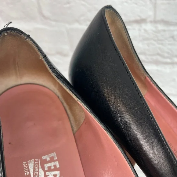 Salvatore Ferragamo Black Leather Logo Kitten Career Style Heels Size 10 - Picture 9 of 13